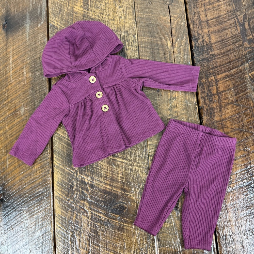 Carter’s Newborn Baby Girl Outfit Purple Ribbed Hoodie Top & Pants Set NB